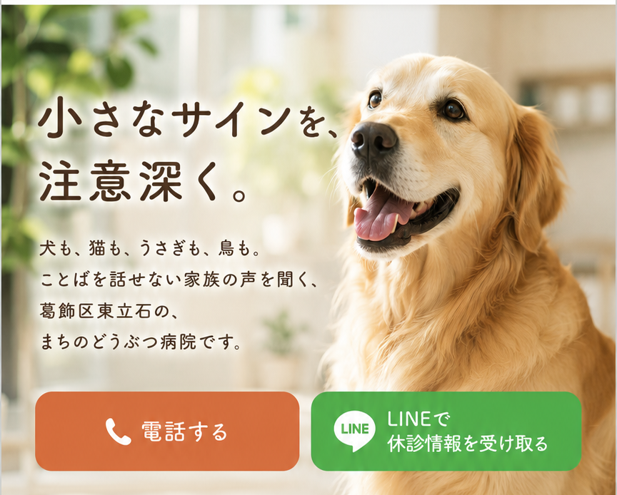 小さなサインを、注意深く。犬も、猫も、うさぎも、鳥も。ことばを話せない家族の声を聞く、葛飾区東立石の、まちのどうぶつ病院です。