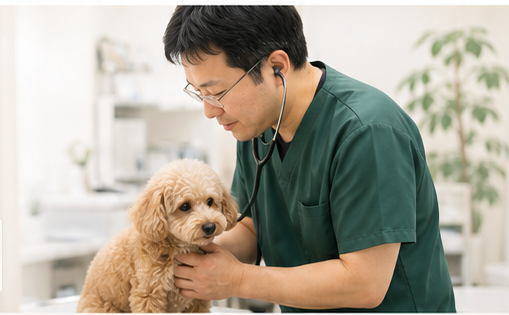 獣医師がトイプードルを診察している様子